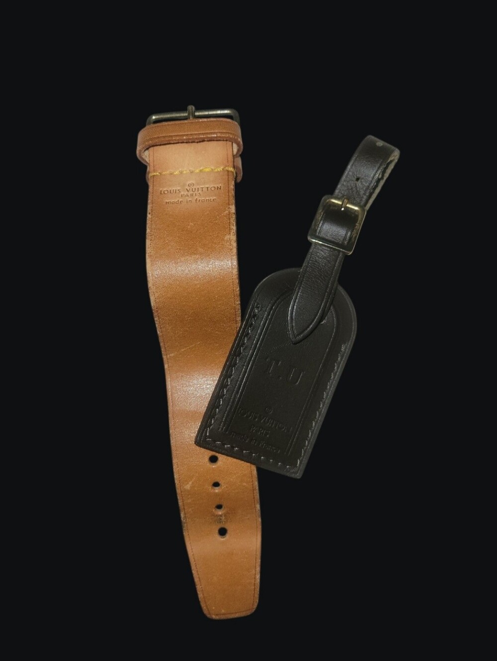 Louis Vuitton Brown and Black Leather Luggage Strap with Tag